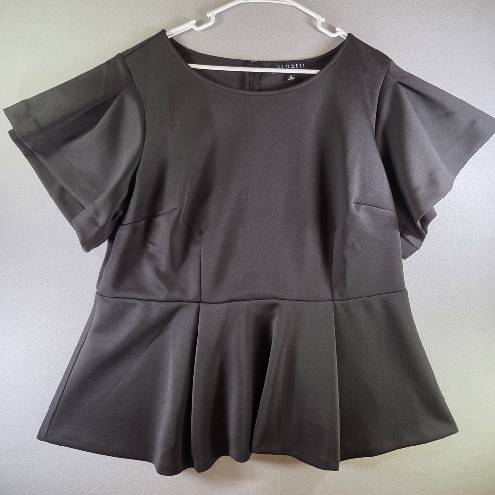 Eloquii Black Peplum Top Short Flutter Sleeve Scuba Knit Blouse Plus Size 18